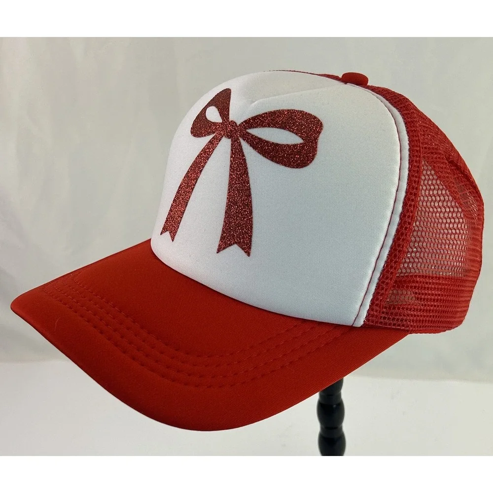 The Christmas Shoppe Red White Glitter Bow Trucker Hat Holiday Party Accessory